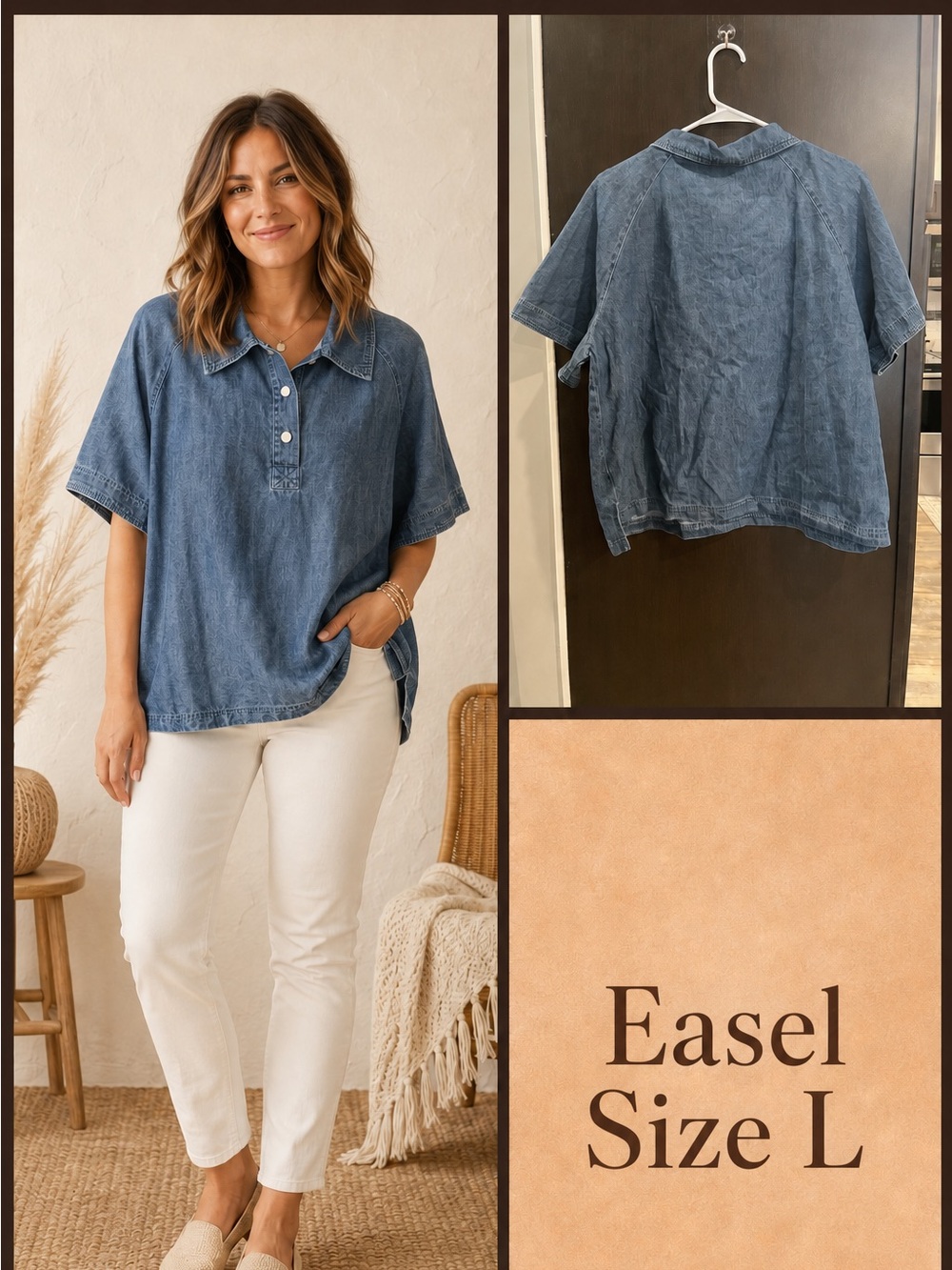easel Washed Denim Short-Sleeve Button Pullover - Blue